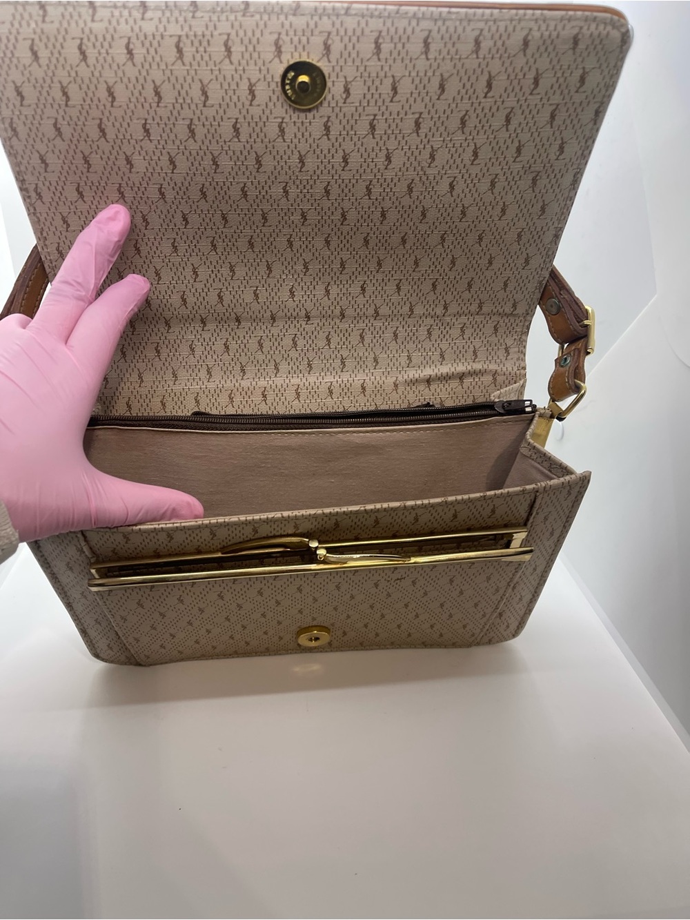 Yves Saint Laurent Beige and Brown Shoulder Bag with Monogram Trim - Picture 7 of 16